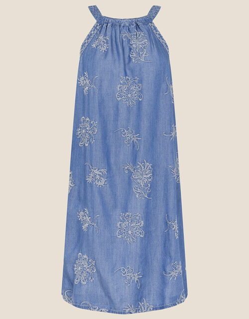 Denim Embroidered Halter Dress, Blue (BLUE), large
