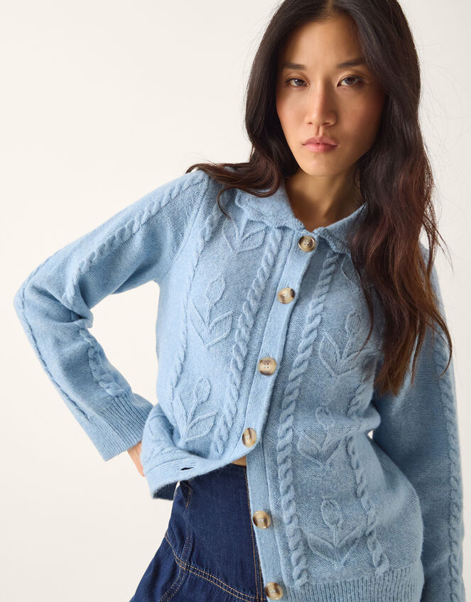 Kat Floral Cable Knit Cardigan Blue