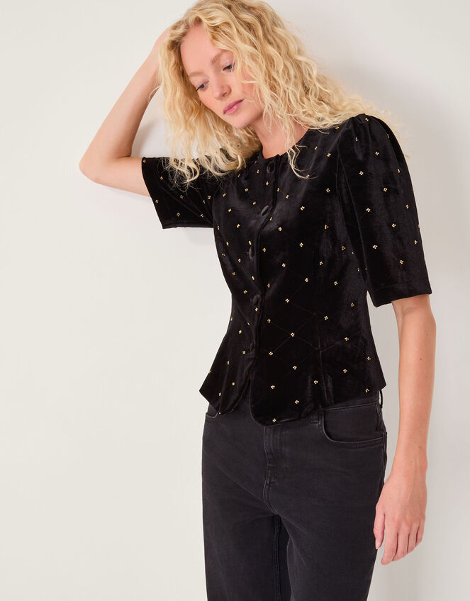 Emma Embellished Velvet Button Top, Black (BLACK), large