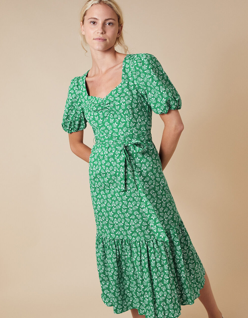 Roxie Rose Print Dress in Organic Cotton Green