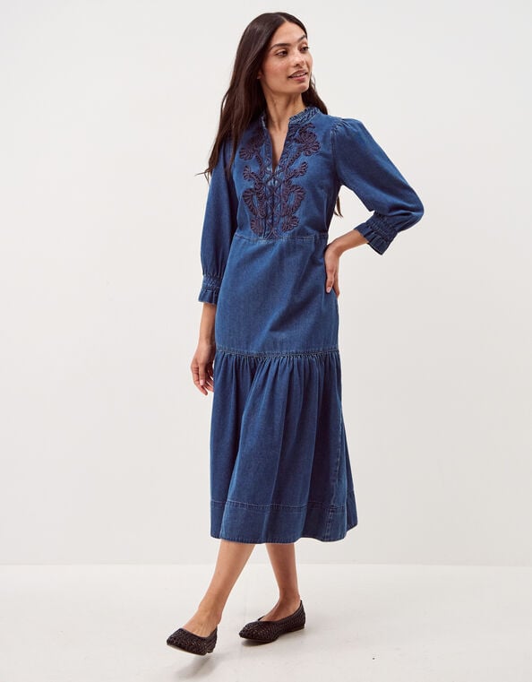 Melissa Embroidered Denim Midi Dress, Blue (MID AUTHENTIC BLUE), large