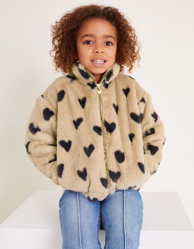 Fluffy Heart Print Zip Fleece Jacket, Natural (STONE), large