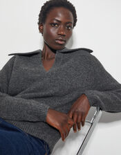 Clover V-Neck Collar Jumper, Grey (CHARCOAL), large