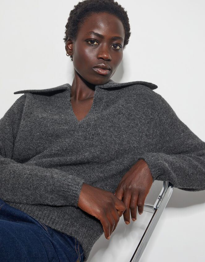 Clover V-Neck Collar Jumper, Grey (CHARCOAL), large