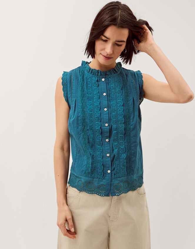Trish Broderie Frill Sleeveless Top, Teal (TEAL), large