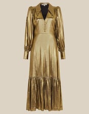 Monsoon x Queens of Archive Bianca Pointed Collar Metallic Maxi Dress​, Gold (GOLD), large