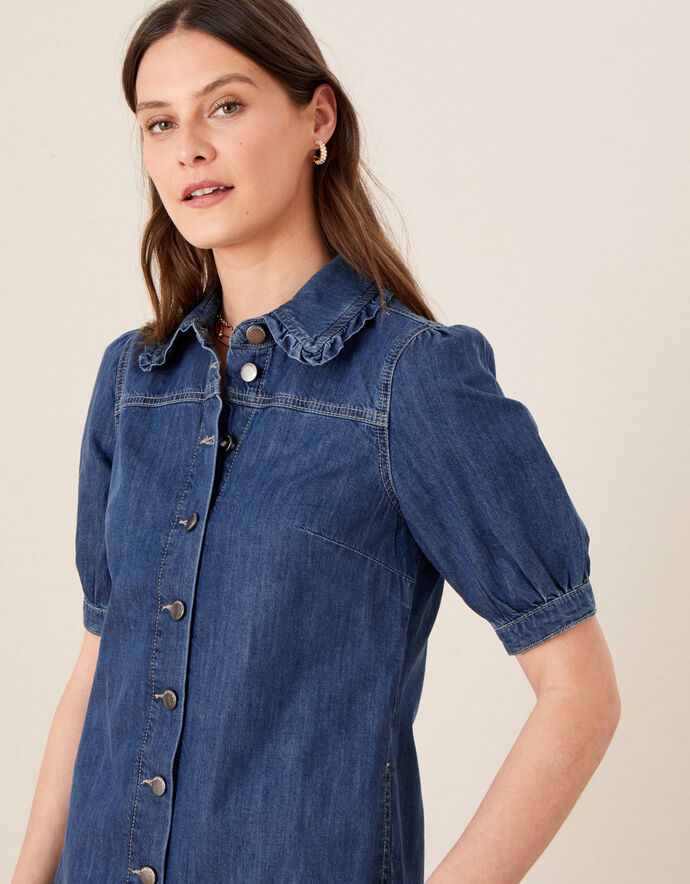 Ruffle Collar Denim Dress Blue