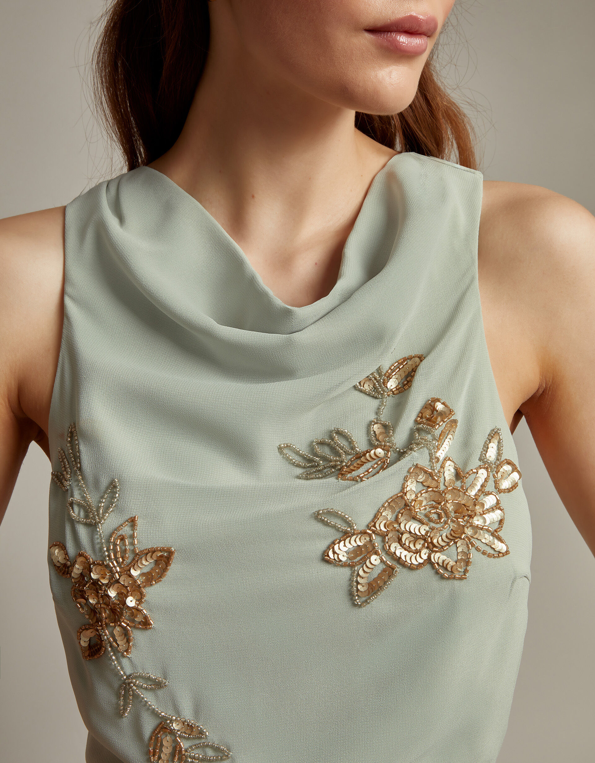 Green Printed Cowl Tie Up Maxi Dress