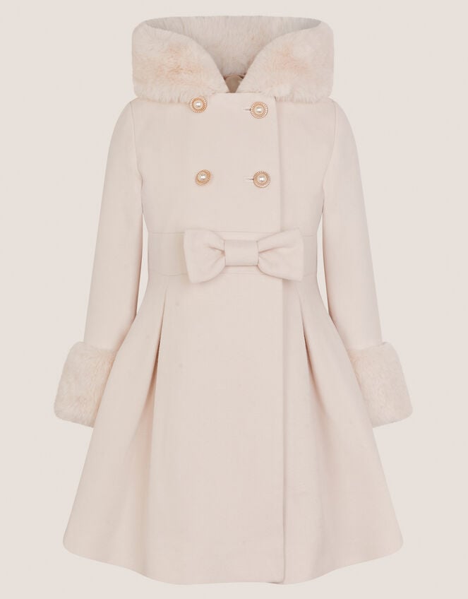 Faux Fur Hood Double Breasted Coat, Cream (CREAM), large