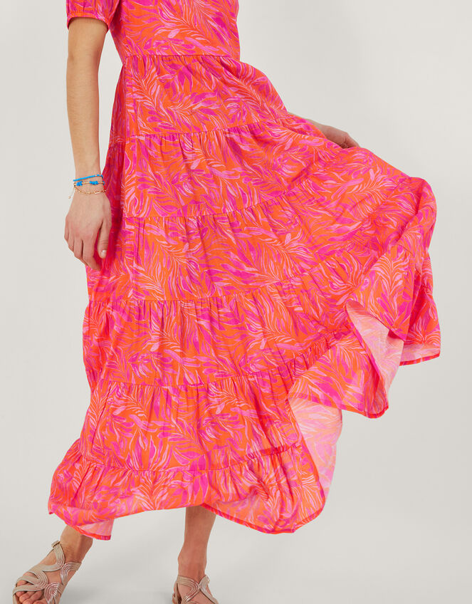 Tiered Leaf Print Maxi Dress , Orange (ORANGE), large