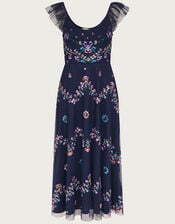 Fiorella Frill Strap Embroidered Dress, Blue (NAVY), large