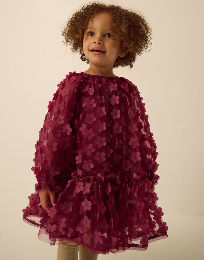 Baby Nayla 3D Flower Party Dress, Red (BURGUNDY), large