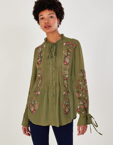Grace Embroidered Long Sleeve Top, Green (KHAKI), large