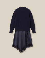 Suzy Knitted Lace Satin Midi Dress, Blue (NAVY), large