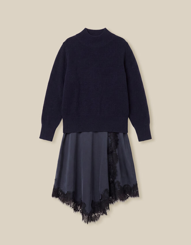 Suzy Knitted Lace Satin Midi Dress, Blue (NAVY), large