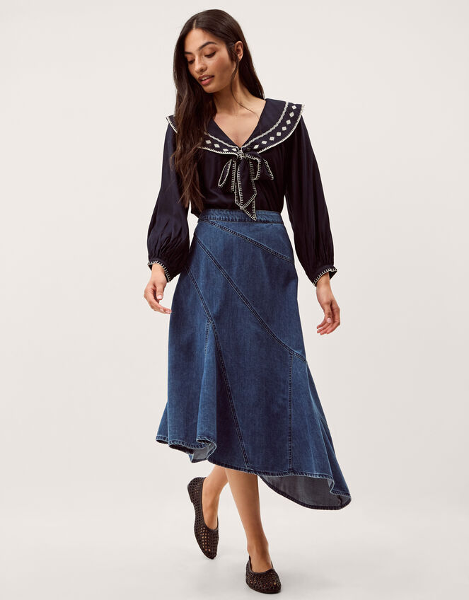 Annie Asymmetric Denim Midi Skirt Blue