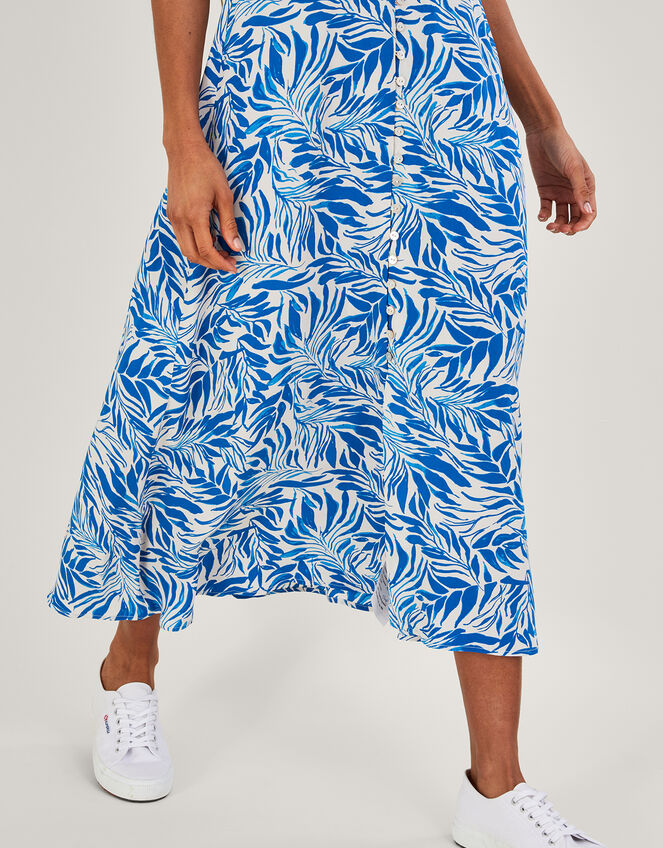 Florence Leaf Print Tea Dress in Sustainable Viscose, Blue (BLUE), large
