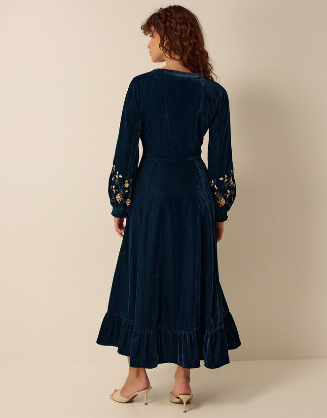 Clemence Constance V-Neck Floral Embroidered Velvet Midi Dress, Teal (TEAL), large