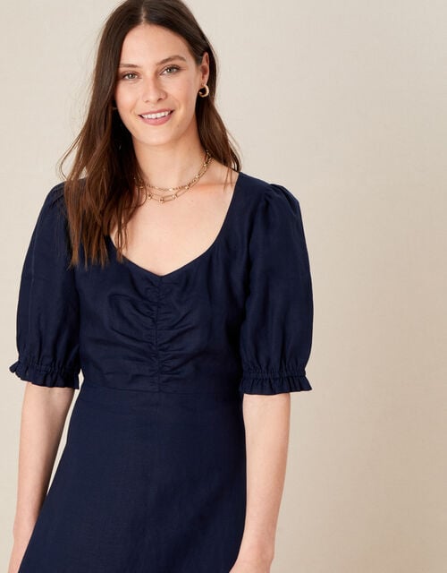 Frill Trim Dress in Pure Linen, Blue (NAVY), large
