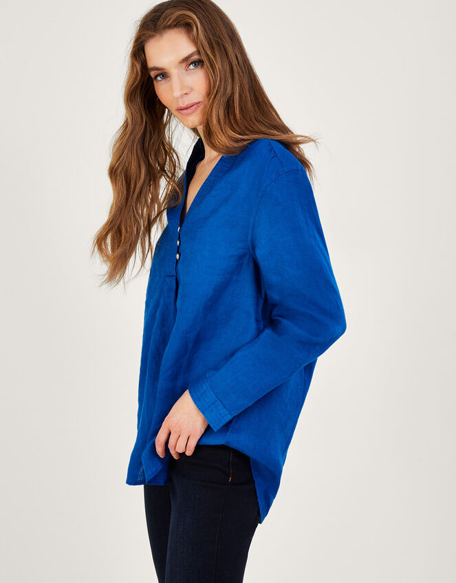 India Overhead Nehru Collar Linen Shirt Blue