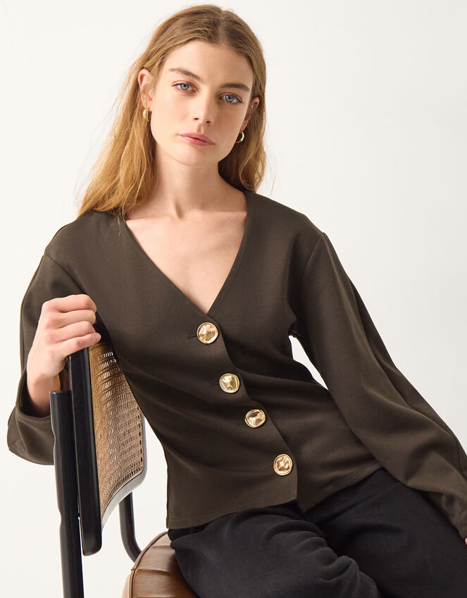 Perna V-Neck Button Jersey Top Brown