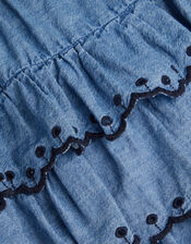 Embroidered Chambray Tiered Mini Skirt, Blue (NAVY), large