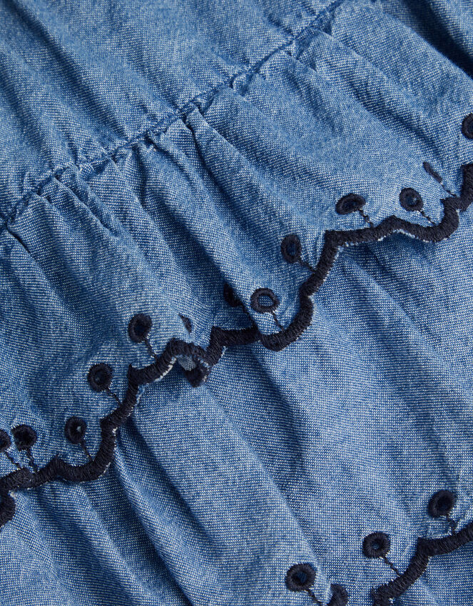 Embroidered Chambray Tiered Mini Skirt, Blue (NAVY), large