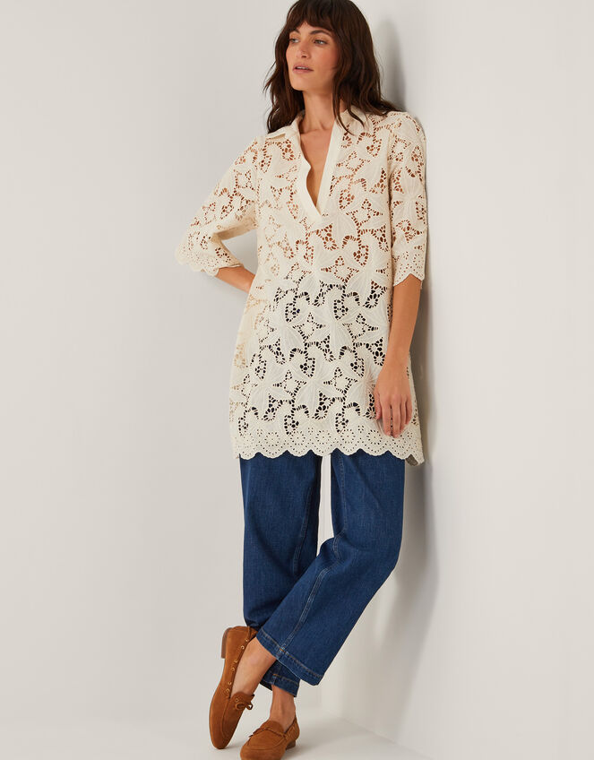 Selena Floral Lace Longline Tunic Top, Ivory (IVORY), large