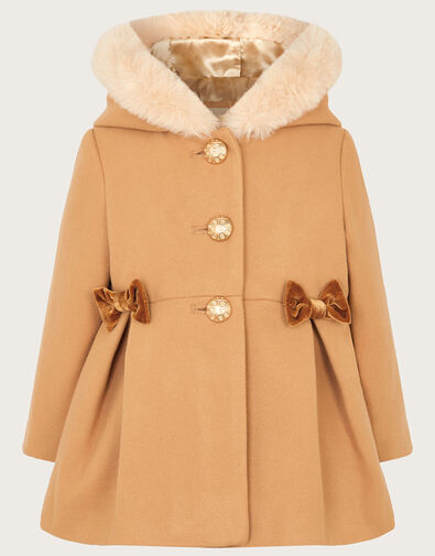 Baby Bow Faux Fur Hooded Coat, Camel (CAMEL), large