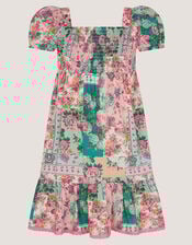 Floral Patchwork Shirred Dress, Green (GREEN), large