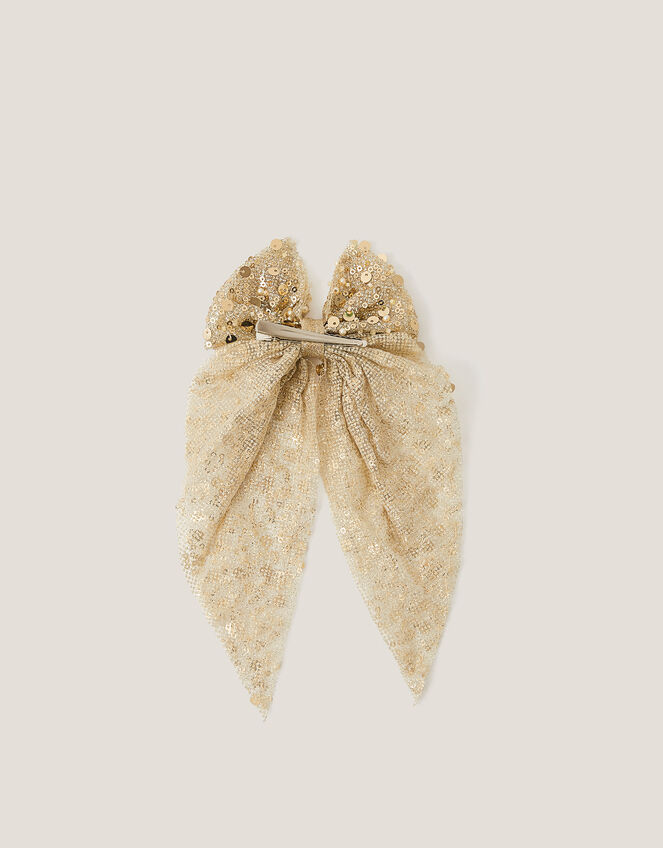 Long Sequin Bow Hair Clip, Gold (GOLD), large