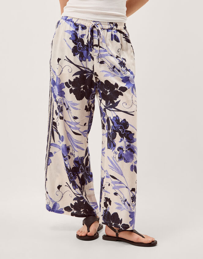 Nicolette Floral Linen Blend Wide Leg Trousers, Blue (BLUE), large