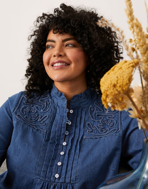 Denim Embroidered Shirt, Blue (DENIM BLUE), large