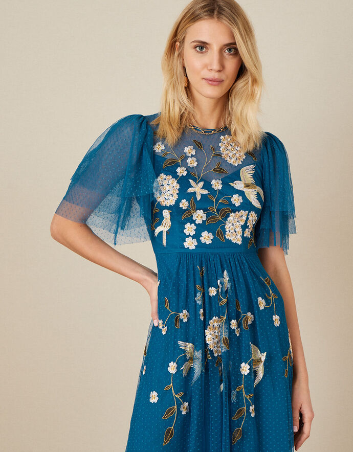 Bailee Embroidered Bird Dress Blue Evening Dresses Monsoon UK.