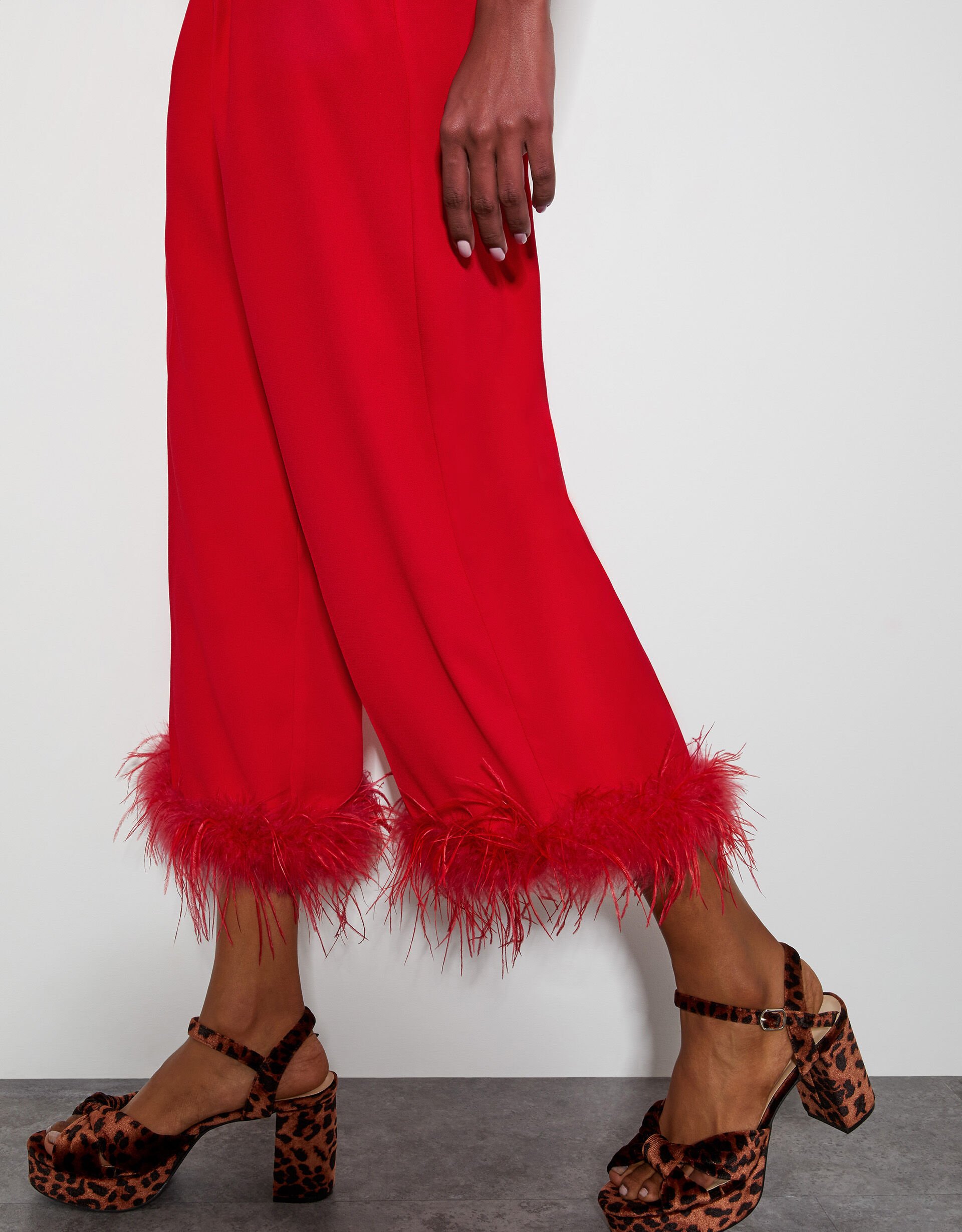 Monsoon x Sarah Corbett Winder Feather Trim Cropped Trousers Red Trousers Leggings Monsoon UK
