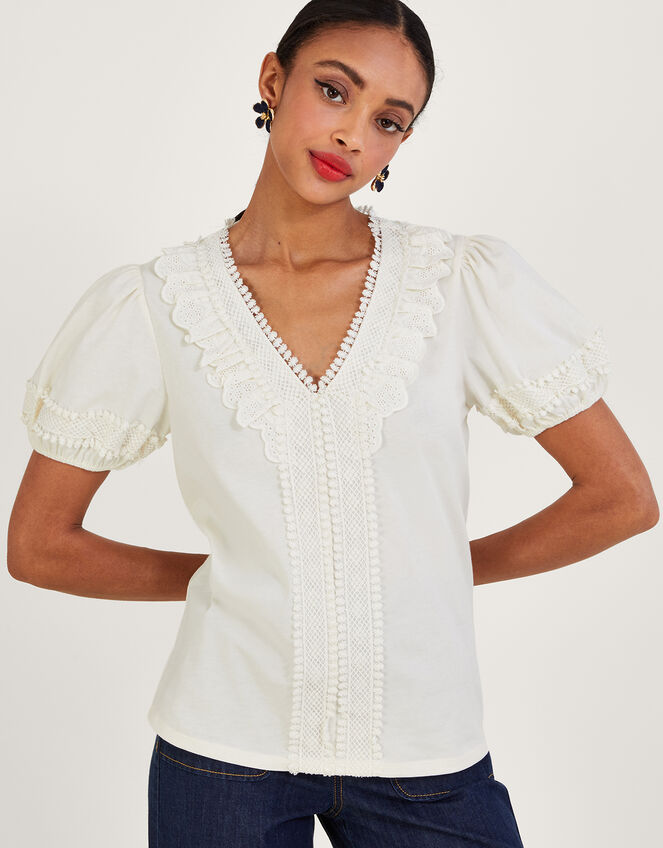 Crochet Lace Jersey Top Ivory | Tops & T-shirts | Monsoon UK.
