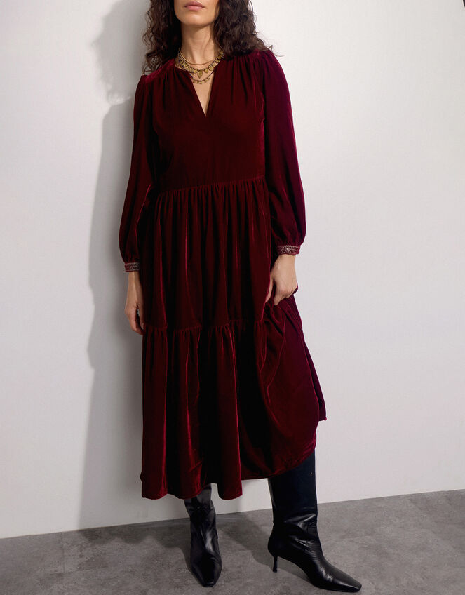 East Velvet Tiered Dress, Red (RED), large