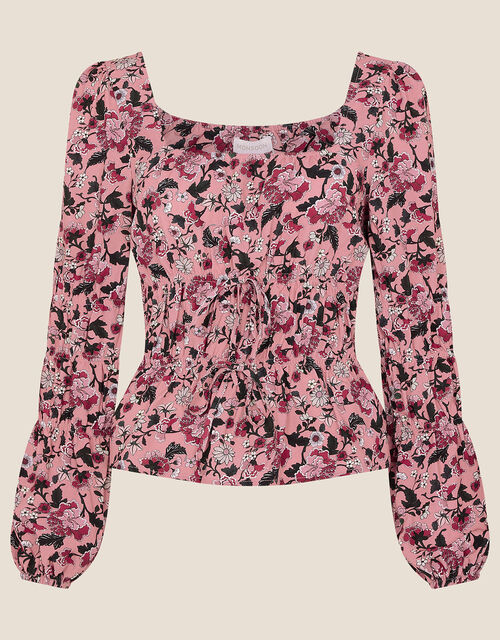 Sophie Floral Shirred Top, Red (RED), large