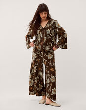 Esther Floral Linen Blend Wide Leg Trousers, Brown (CHOCOLATE), large