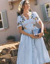 Marisol Lemon Embroidered Stripe Midi Dress, Blue (BLUE), large