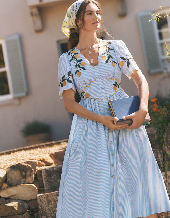 Marisol Lemon Embroidered Stripe Midi Dress, Blue (BLUE), large