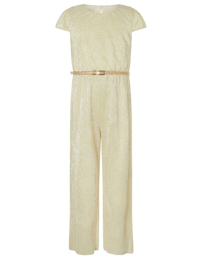 Shimmer Wide Leg Jumpsuit with Belt, Gold (GOLD), large