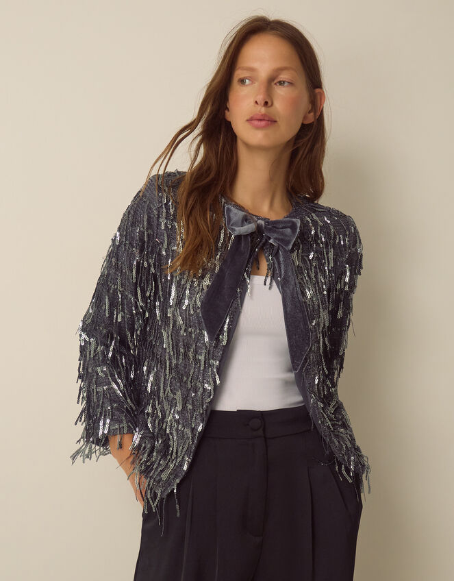 Sabia Velvet Bow Sequin Jacket, Dark Silver (GUNMETAL), large
