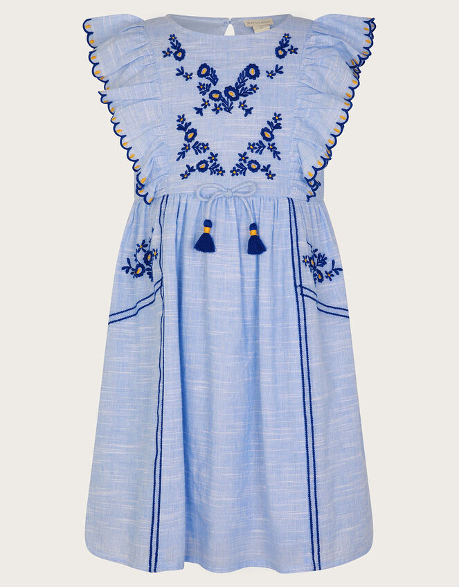 Floral Embroidered Frilly Dress, Blue (BLUE), large