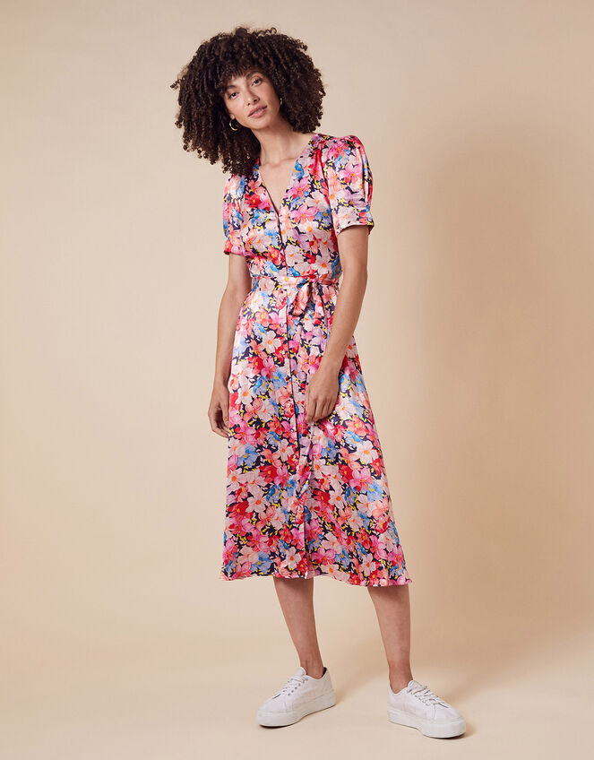 Faith Floral Print Satin Shirt Dress, Blue (NAVY), large