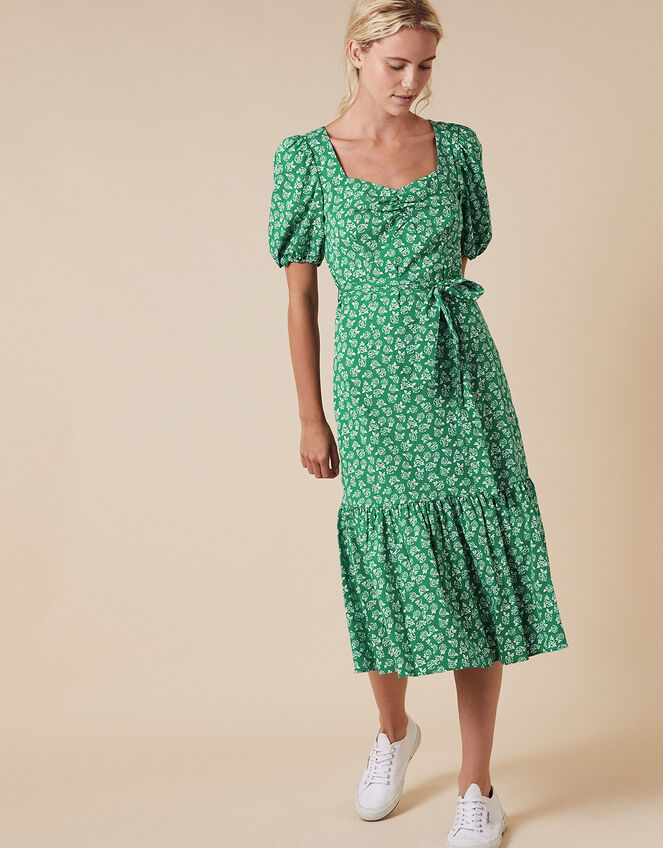 Roxie Rose Print Dress in Organic Cotton, Green (GREEN), large