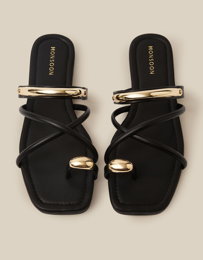 Metal Detail Toe Strap Sandals, Black (BLACK), large