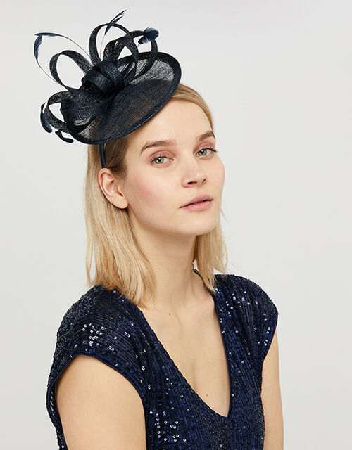 Malin Bow Disc Fascinator with Feathers Blue Accessories Monsoon UK.