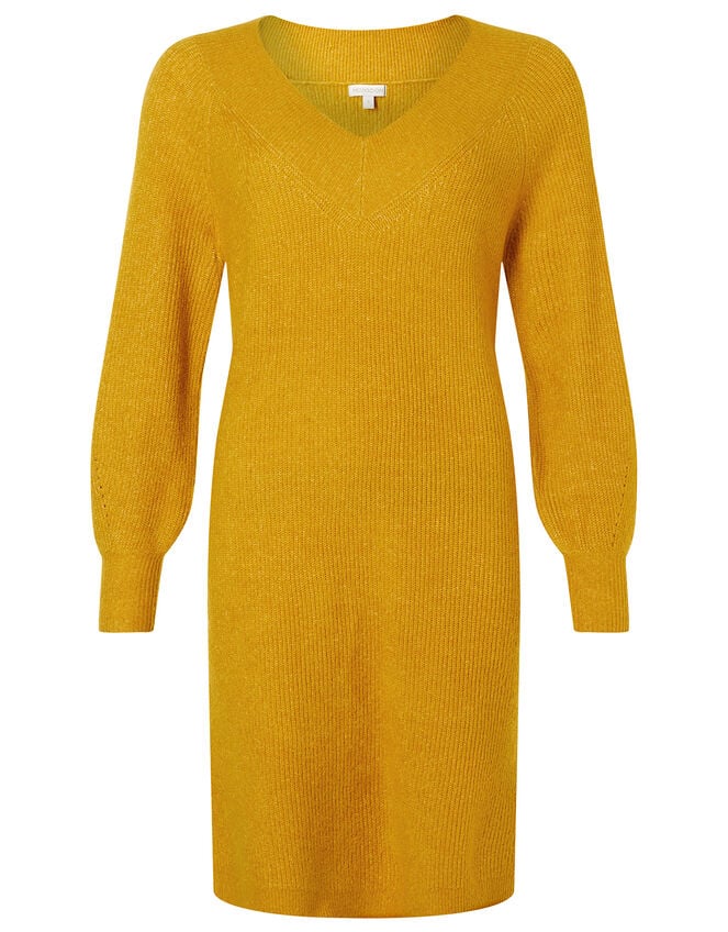 Ribbed Knit Dress, Yellow (OCHRE), large