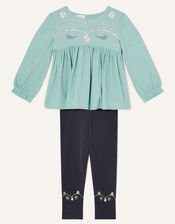 Baby Owl Woven Top and Leggings Set, Blue (AQUA), large